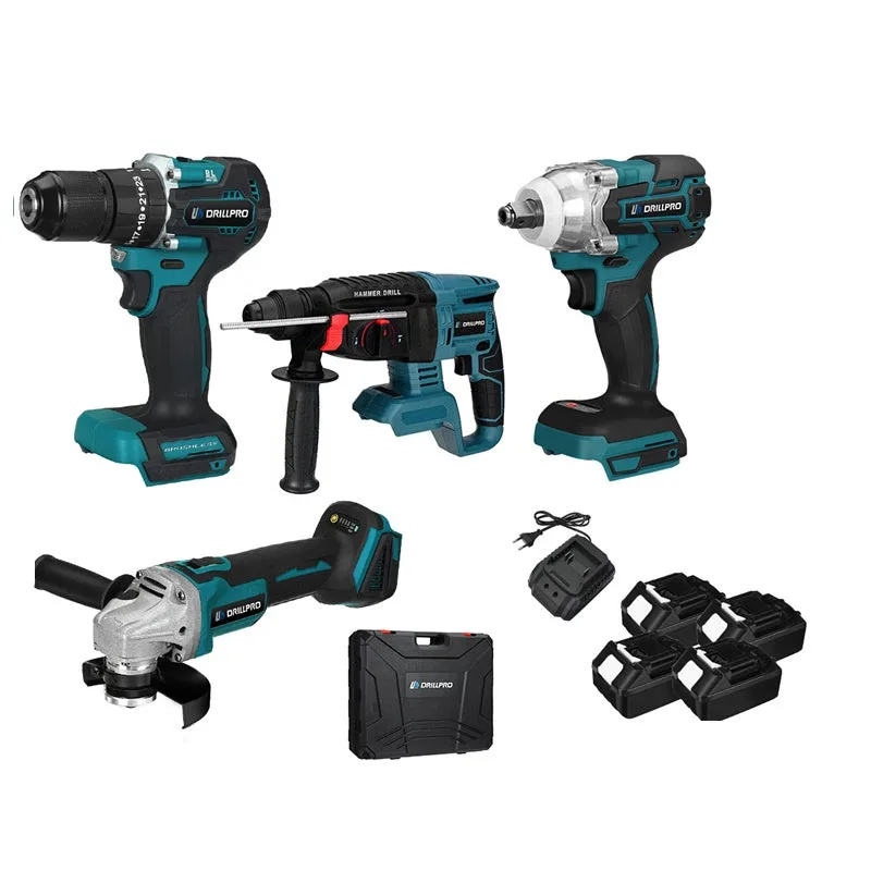 Pack de 4 herramientas inalámbricas, 4x baterías de 1500mah, amoladora angular de 125mm + martillo eléctrico + taladro de impacto + llave de impacto