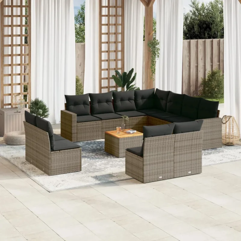 Muebles de jardín con cojines 12 piezas resina tejida gris.