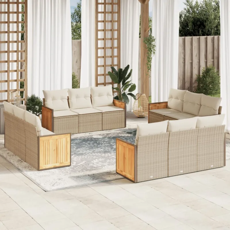 Muebles de jardín con cojines 12 piezas resina tejida beige