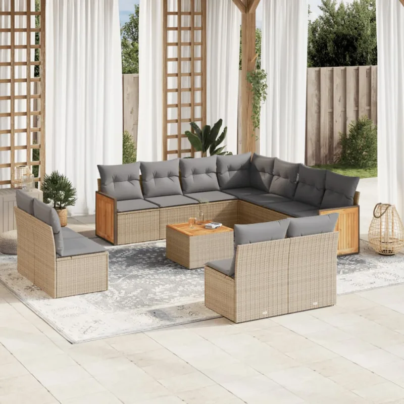 Muebles de jardín con cojines 12 piezas resina tejida beige