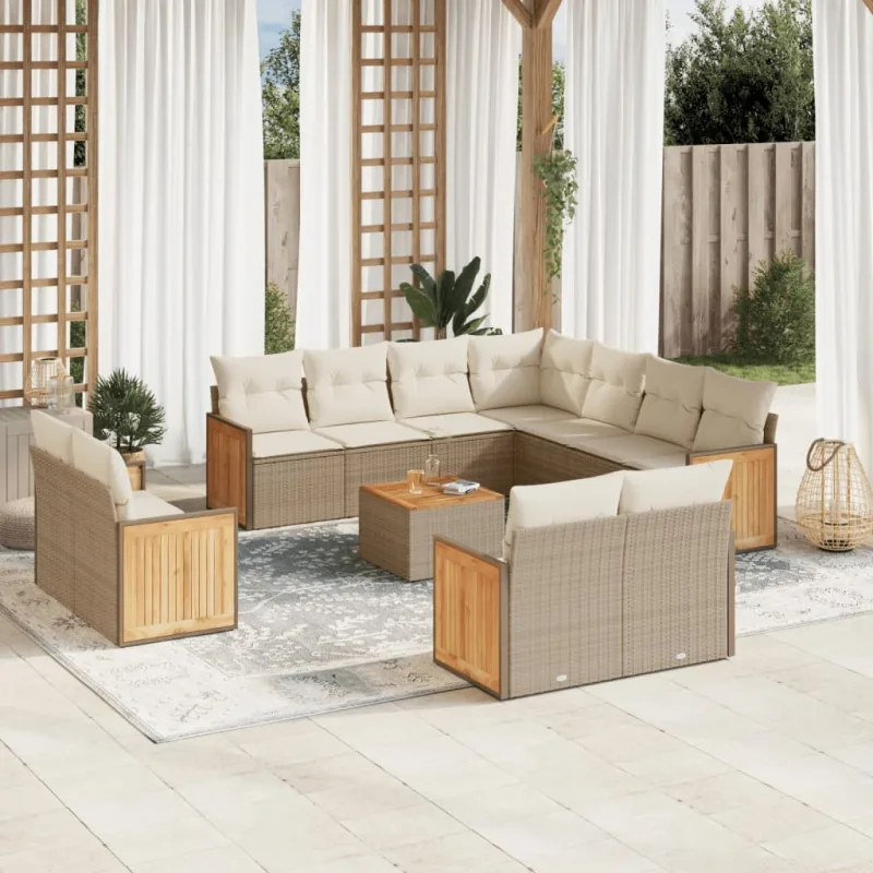 Muebles de jardín con cojines 12 piezas resina tejida beige