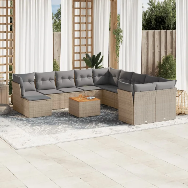 Muebles de jardín con cojines 12 piezas resina tejida beige