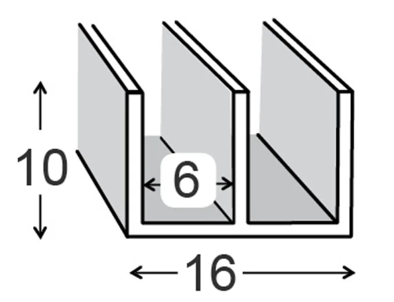 Perfil formar doble u de aluminio, alt.1 x an.1.6 x l.200 cm