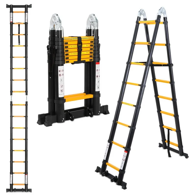 Escalera telescópica 1,9 m + 1,9 m escalera retráctil de aluminio negro, escalera extensible antideslizante
