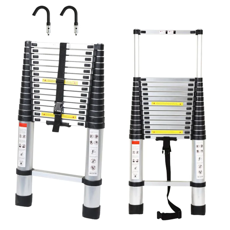 Escalera telescópica de 4,4 m plateada + escalera extensible con gancho extensible de aluminio antideslizante escalera extensible