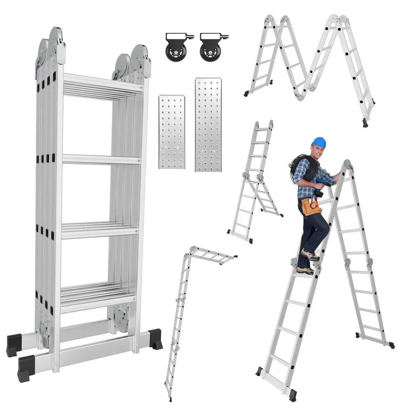 Escalera telescópica nivel 4x4 + rueda + tablero escalera de aluminio escalera extraíble antideslizante escalera extensible extensible