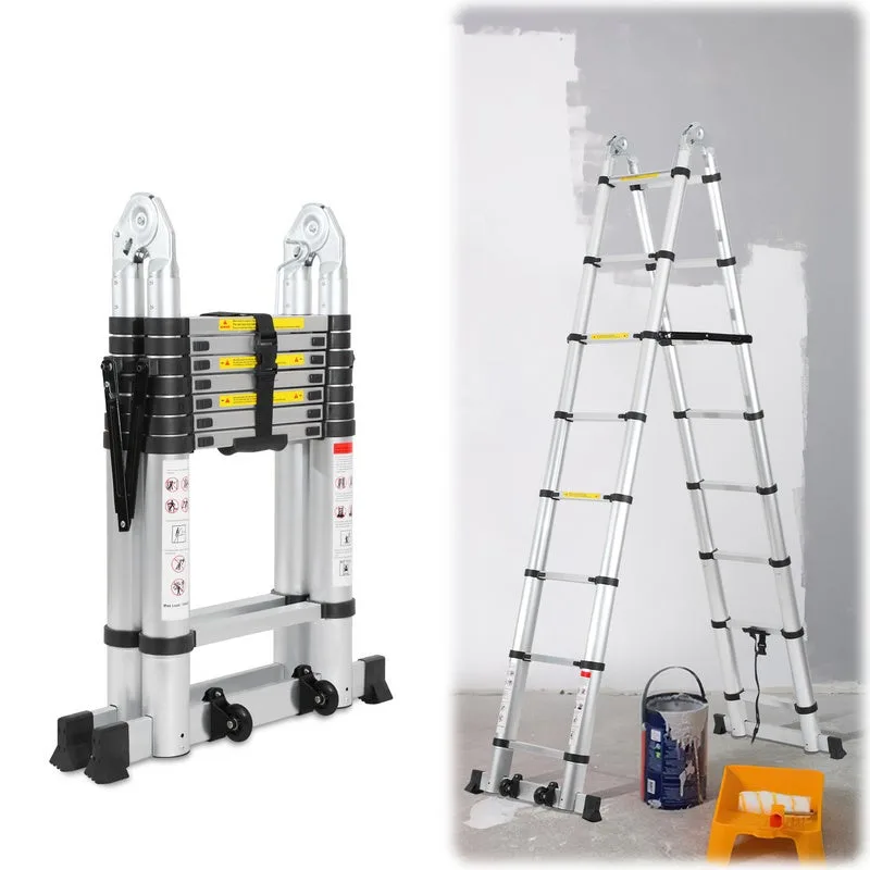 Escalera telescópica 2,5m + 2,5m escalera extensible de aluminio plateada escalera extensible antideslizante