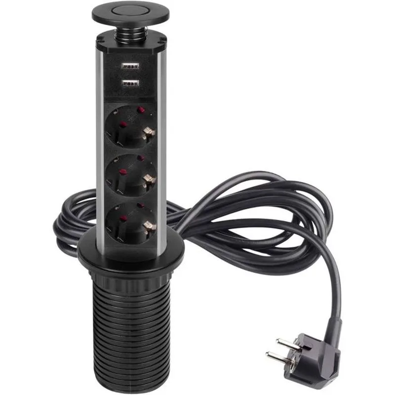 Conector múltiple elevable vertical emuca, ue, pintado en negro, plástico y aluminio.