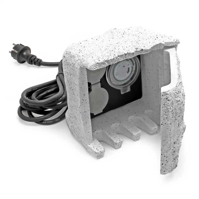 Piedra enchufe jardín 2 tomas corriente cable 5m resina ip44 temporizador accesorios jardín exterior