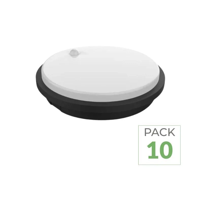 Pack de 10 - ojo de buey led redondo para exterior 10w ip54 negro con sensor de movimiento - blanco neutro 4000k - 5500k - silamp