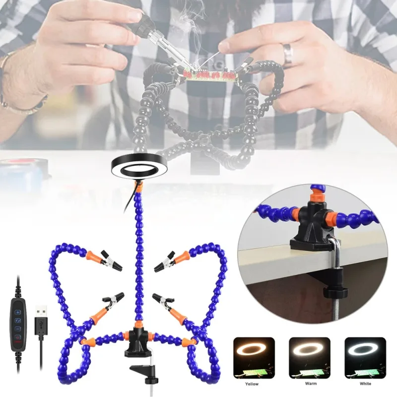 Estación de soldadura de escritorio soporte para placa pcb pinza iluminada tornillo banco cinco garras lupa soporte herramienta reparación soldadura