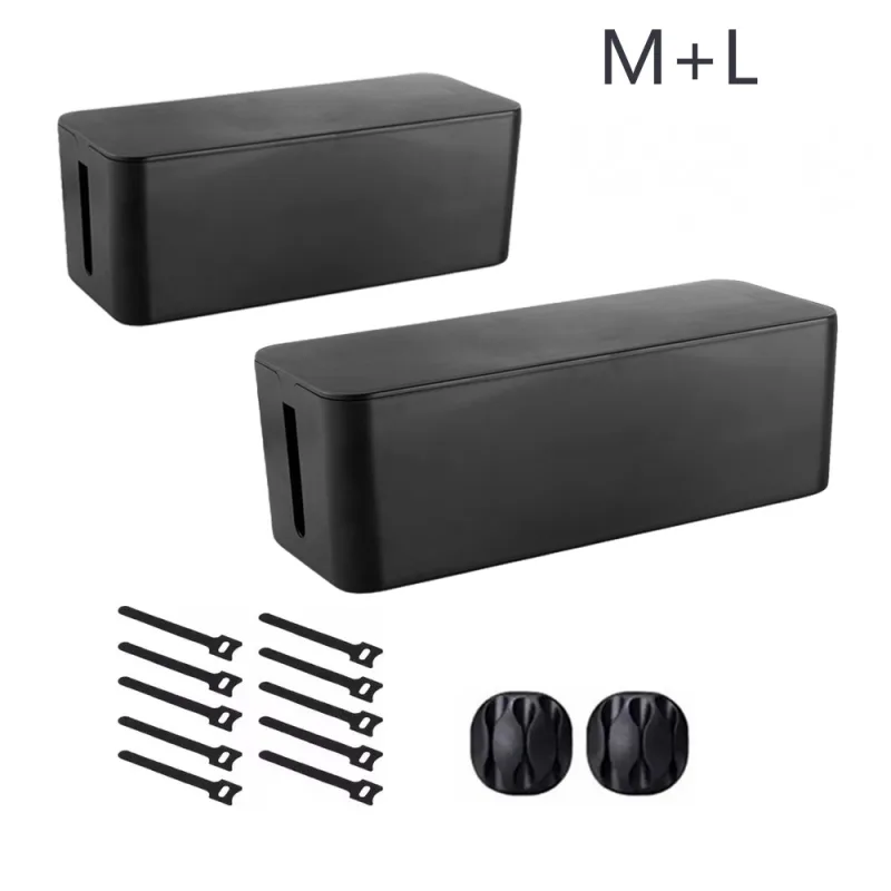 Caja organizadora de cables, paquete de 2, soporte para cables, resistente a niños y mascotas, color negro