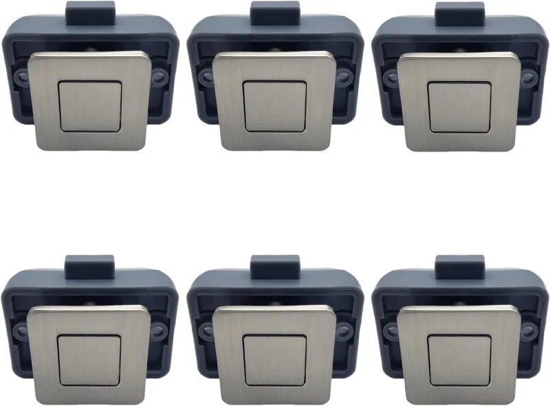 Paquete de 6 pestillos metálicos cuadrados con botón pulsador para autocaravana (níquel)