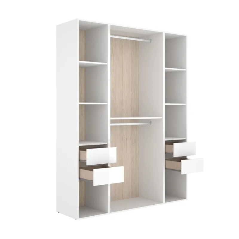 Armario vestidor suit 4 cajones con 2 barras y compartimentos blanco/natural 205x159x45 cm
