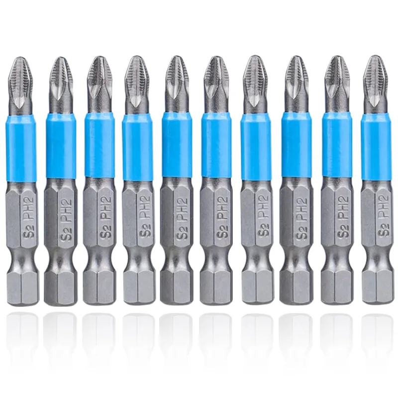 Juego de 10 puntas de destornillador de impacto de 50 mm ph2 magnéticas con vástago hexagonal para taladro y destornillador eléctrico