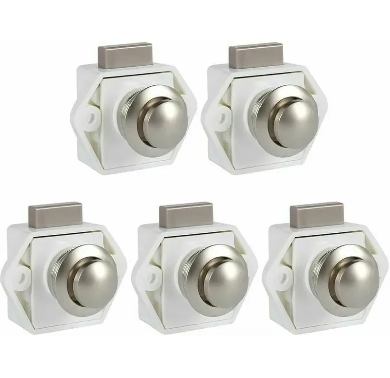 Lote de 5 botones pulsadores cierres sin llave - cerraduras de puerta mueble cierre para rv, caravana, armario, mueble de espesor (blanco)