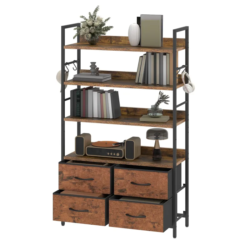 Estantería industrial balconera de 4 niveles con estantes ajustables y 4 cajones de tela, color marrón rústico.