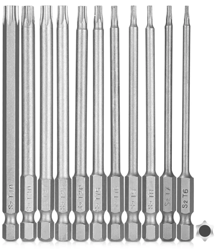 Puntas de destornillador torx magnéticas de 1/4 x 100 mm, vástagos hexagonales de 1/4, tamaños t6 a t40 (11 piezas)