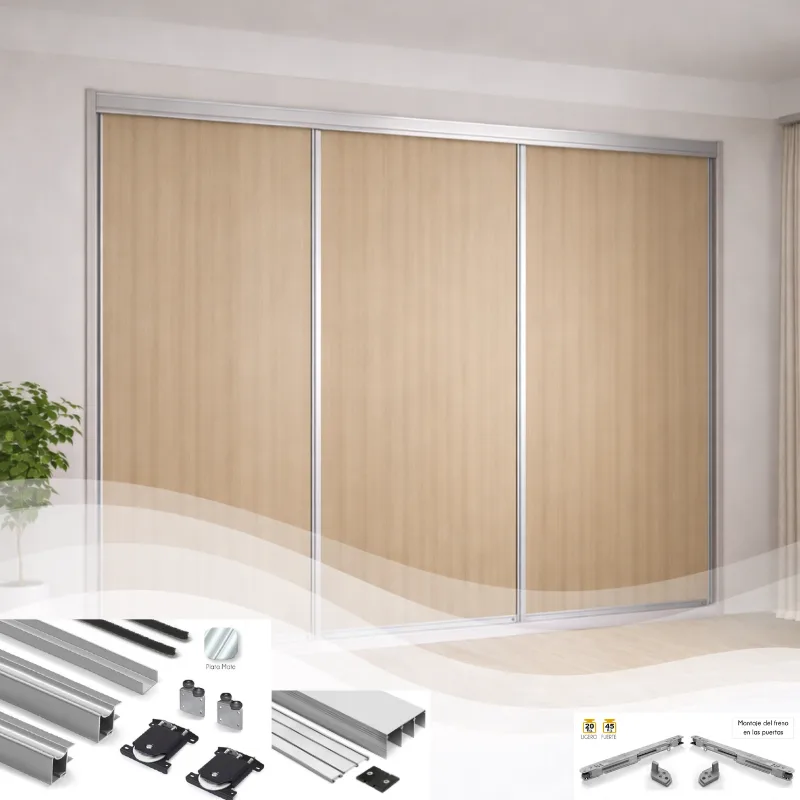 Kit de herrajes de aluminio para 3 puertas correderas de armario, guía de 3 carriles de 3 m con frenos cierre suave, plata mate, para tablero de 16 mm