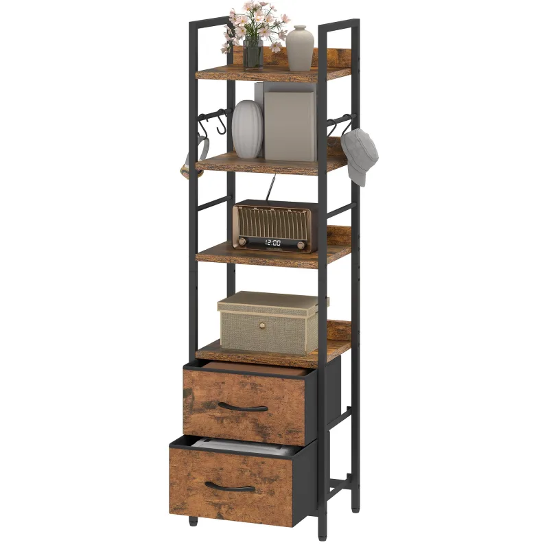 Estantería industrial balconera de 4 niveles con estantes ajustables y 2 cajones de tela, color marrón rústico