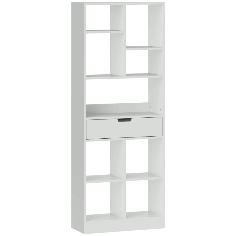 Librería - 9 compartimentos y 1 cajón con mecanismo antivuelco - mdf - blanco (60x26x158cm)