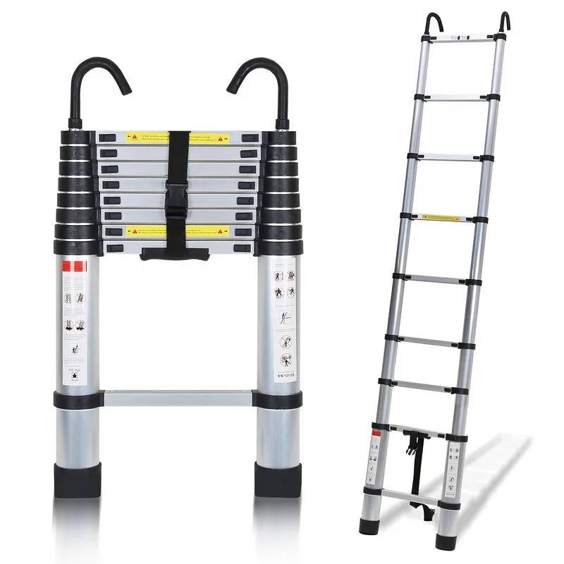 Escalera telescópica aluminio con gancho escalera tijera plata 2,6m
