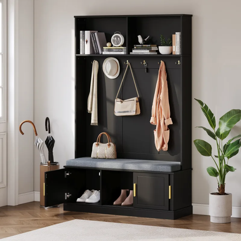 Vestidor de entrada 120x40x191 cm con banco, 6 ganchos, 3 puertas, estantes, negro