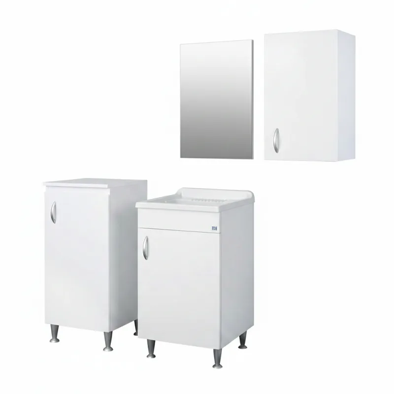 Mueble lavadero en laminado hidrófugo con lavabo 45x50, base, mueble alto y espejo 45x60 – blanco – negrari