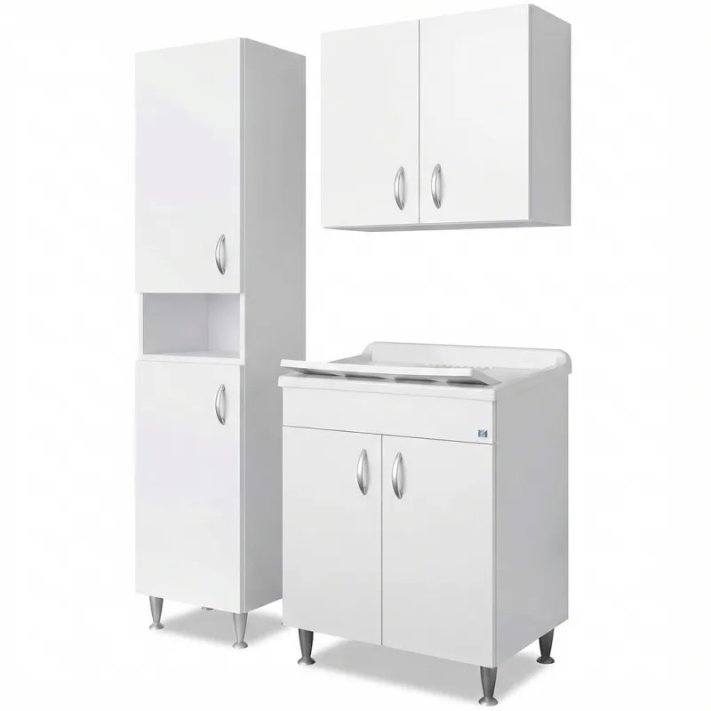 Mueble lavadero/fregadero en laminado hidrófugo – fregadero de 60x50 cm con columna y mueble alto de 2 puertas – blanco para interior – negrari