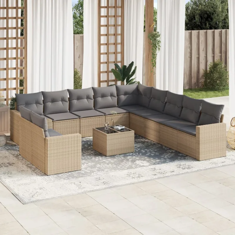Muebles de jardín con cojines 12 piezas resina tejida beige