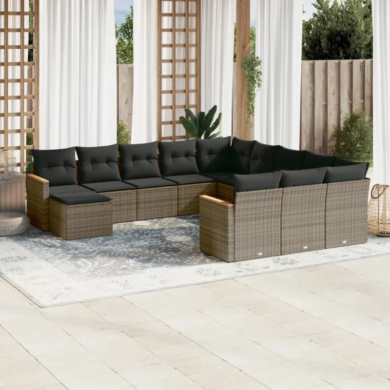 Muebles de jardín con cojines 12 piezas resina tejida gris.