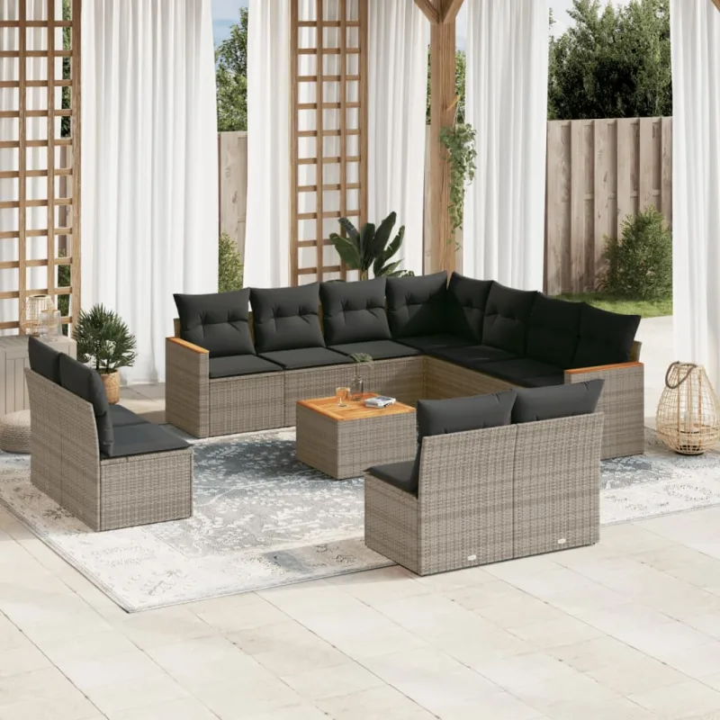 Muebles de jardín con cojines 12 piezas resina tejida gris.