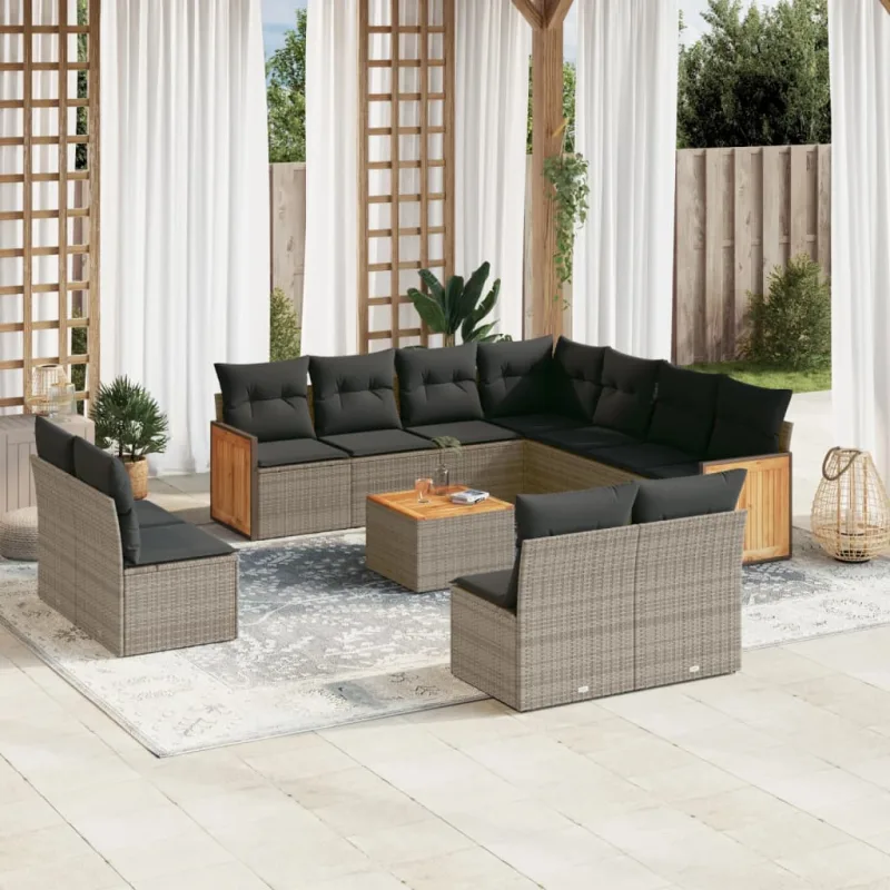 Muebles de jardín con cojines 12 piezas resina tejida gris.
