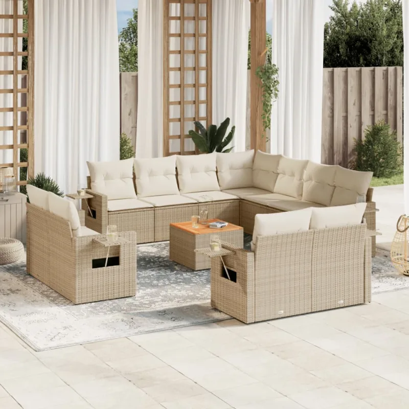 Muebles de jardín con cojines 12 piezas resina tejida beige