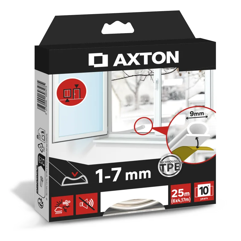Burlete para ventanas y puertas axton adhesivo en color blanco, 9 mm de anchura x 25 m de longitud. impide el paso del agua. perfil junta o. recortable. tipo de instalación encolado.