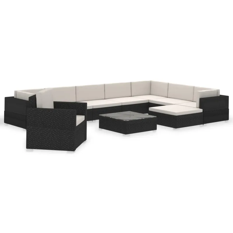 Set muebles de jardín 12 pzas y cojines ratán sintético negro - comfortxl