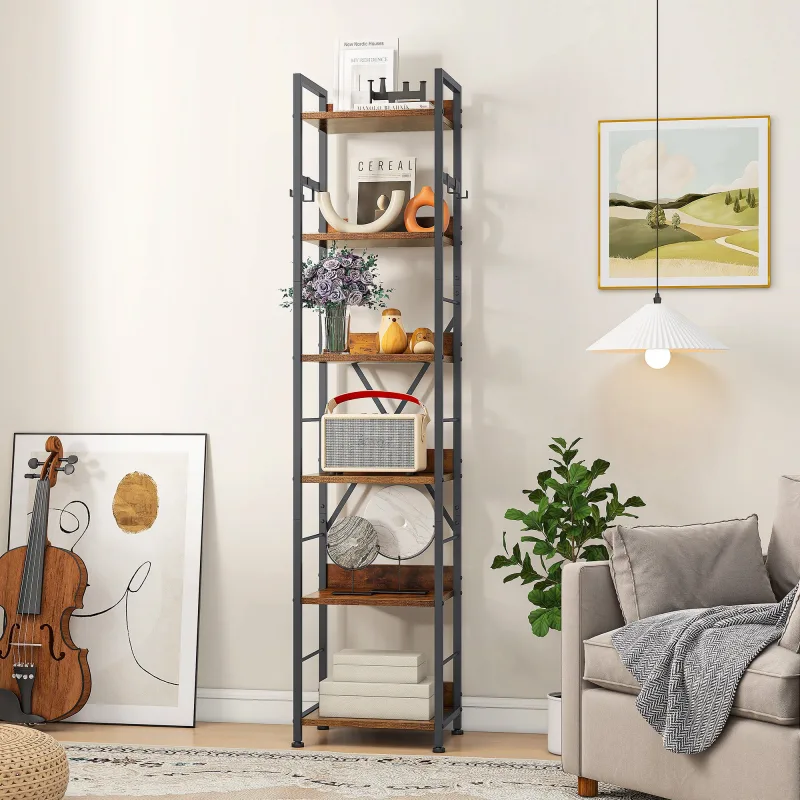 Librería yitahome de 6 niveles, estantes industriales de madera, estructura de metal, 4 ganchos, marrón, 30 x 40 x 184,5 cm