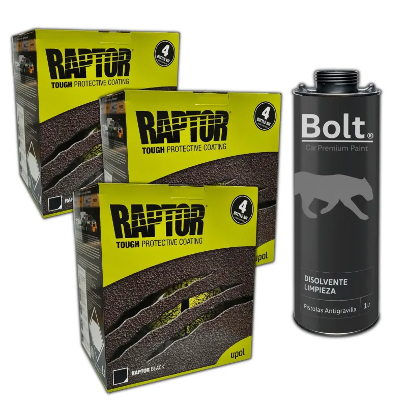3 x pintura raptor 2k kit negro 4 lt + disolvente limpieza