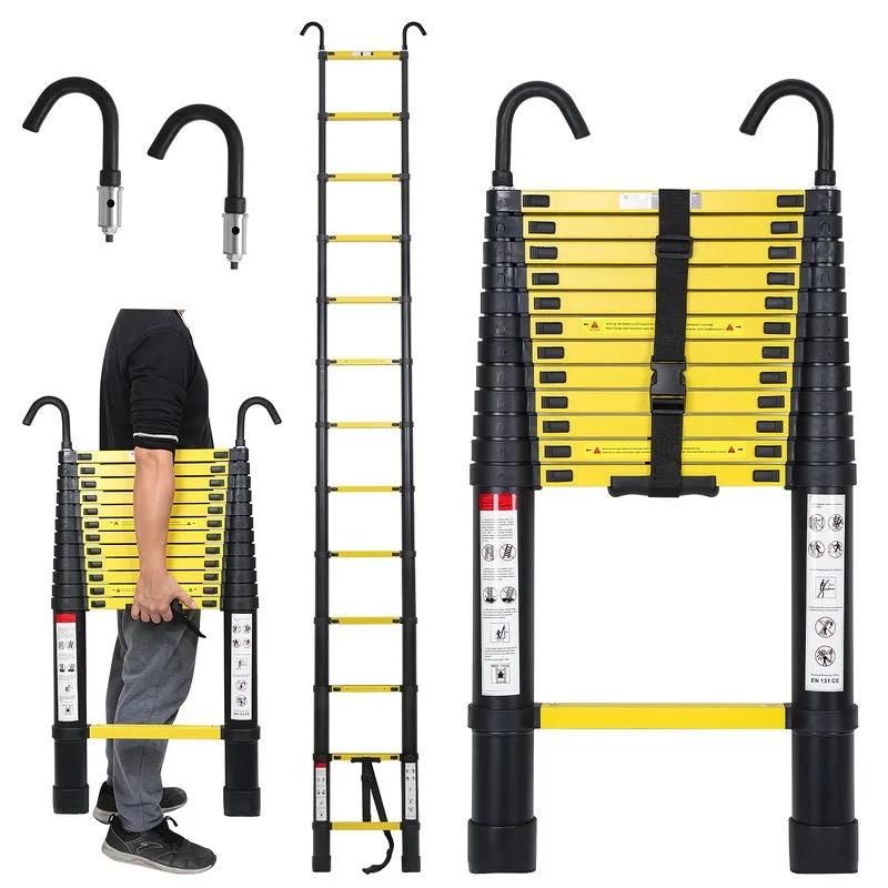 Escalera telescópica con gancho escalera tijera aluminio negro+amarillo 3,8m