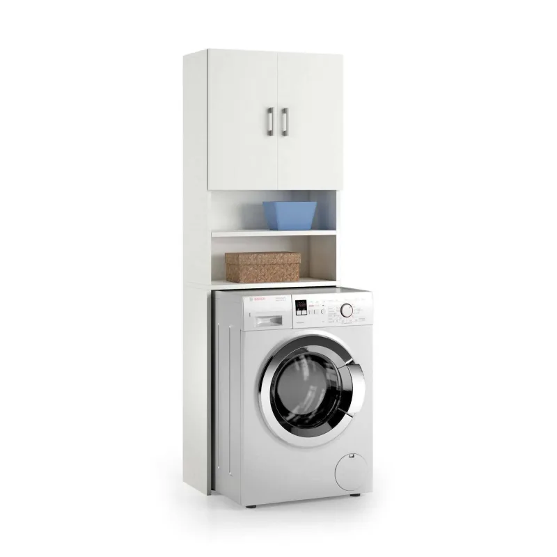 Armario multiusos agar, mueble lineal con 2 puertas batientes y estantes, mueble para lavadora, 100% made in italy, 65x32h195 cm, blanco