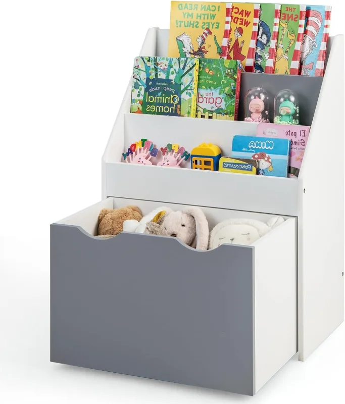 Estantería para niños con 3 compartimentos y cajón extraíble, organizador de juguetes con 4 ruedas universales asas recortadas para niños de 3 a6 años