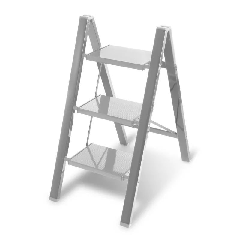 Taburete plegable, escalera de aleación de aluminio, capacidad de 150 kg, 3 escalones, blanco, aproximadamente 84,5 cm