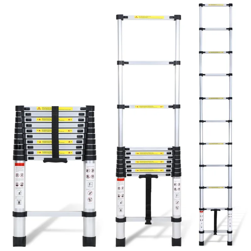Escalera plegable de aluminio 3,2m, telescópica, con barandilla removible, extensible y ajustable.