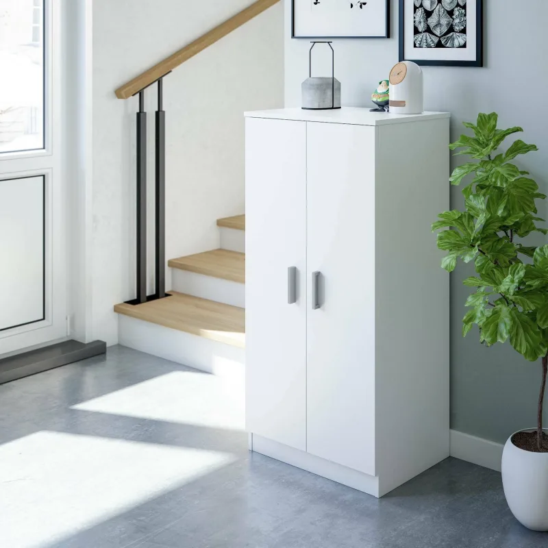 Armario multiusos 2 puertas corona, mueble auxiliar, zapatero bajo con 6 estantes, zapatero moderno, 55x36h108 cm, blanco