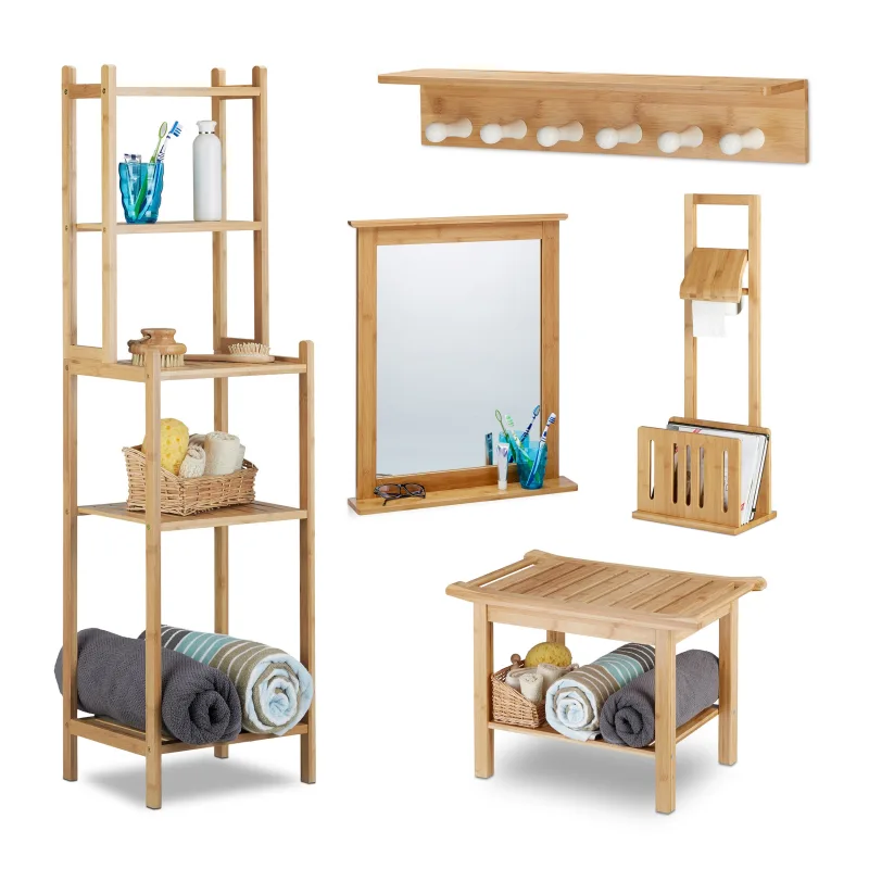Juego de baño de bambú de 5 piezas, estante, banco, toallero, portarrollos con revistero, espejo, natural