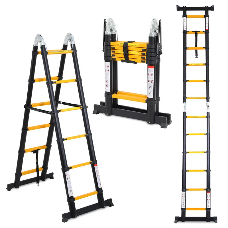 Escalera telescópica 1,9 m + 1,9 m escalera extensible de aluminio negro, escalera extensible antideslizante