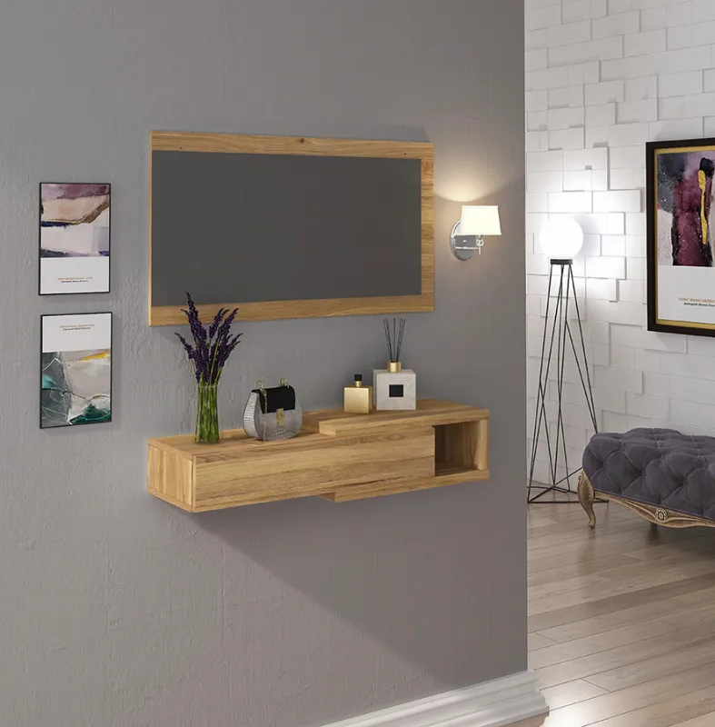 Recibidor con cajón y espejo – consola de entrada color mauvella 91,5 x 26 x 70 cm – mueble auxiliar moderno y funcional para pasillos o entradas