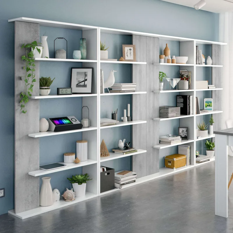 Pack 4 estanterías modernas salon comedor color cemento y blanco