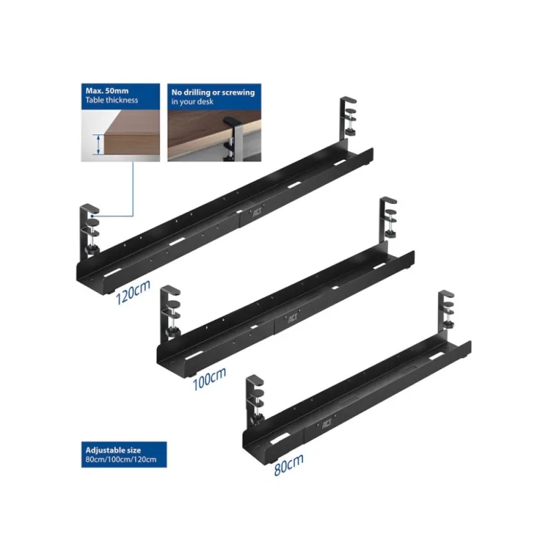 Bac de gestion des câbles extensible sous le bureau avec fixation par pince