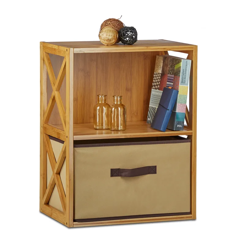 2 estanterías con cesta de almacenaje, 2 baldas, madera, mueble de baño, caja plegable, 42 x 49 cm, marrón